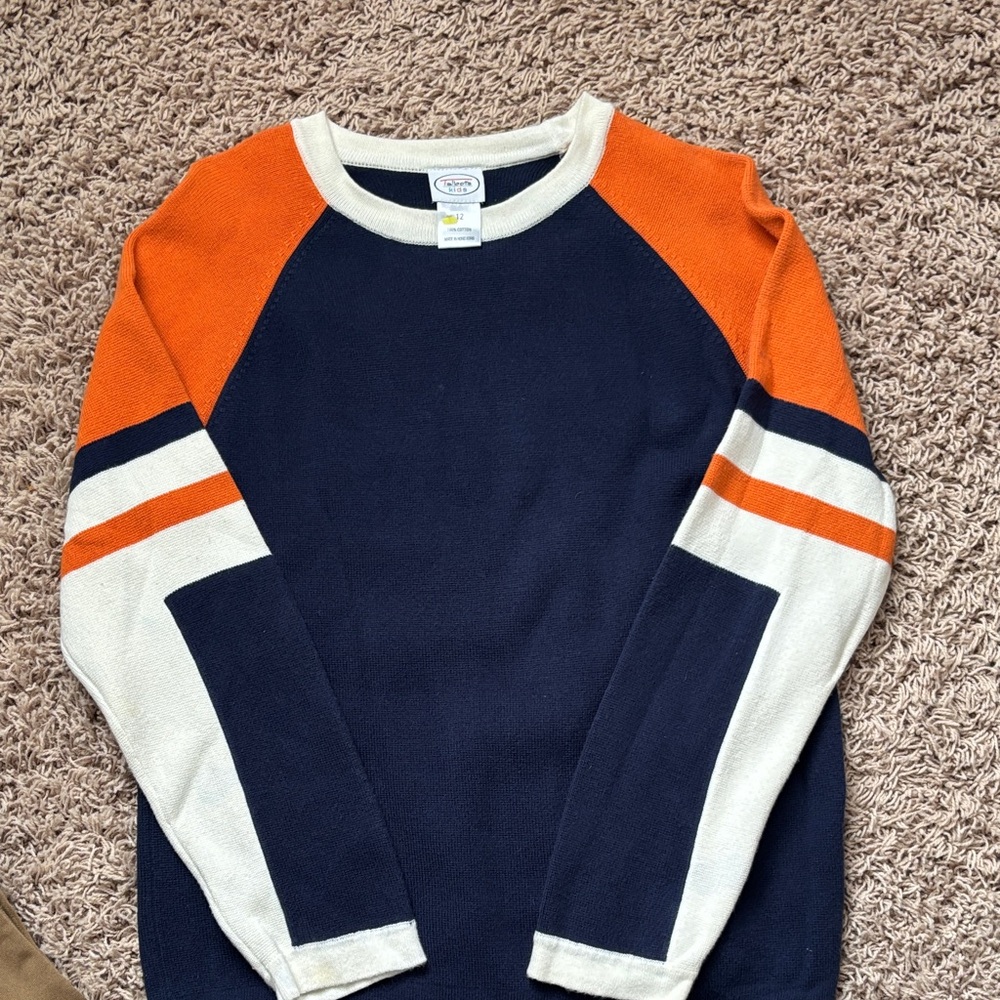 Talbots Boys Navy, Orange, and Cream Crewneck Sweater